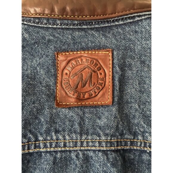Vintage 90s Marlboro Country Denim Jacket With Leather Collar - Picture 5 of 13